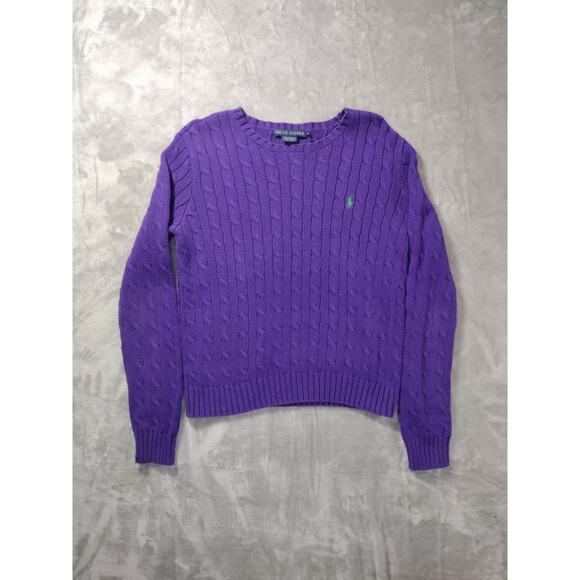 Ralph Lauren 100% Cotton Purple Cable Knit Sweater Size L Green Pony Logo - Picture 1 of 12
